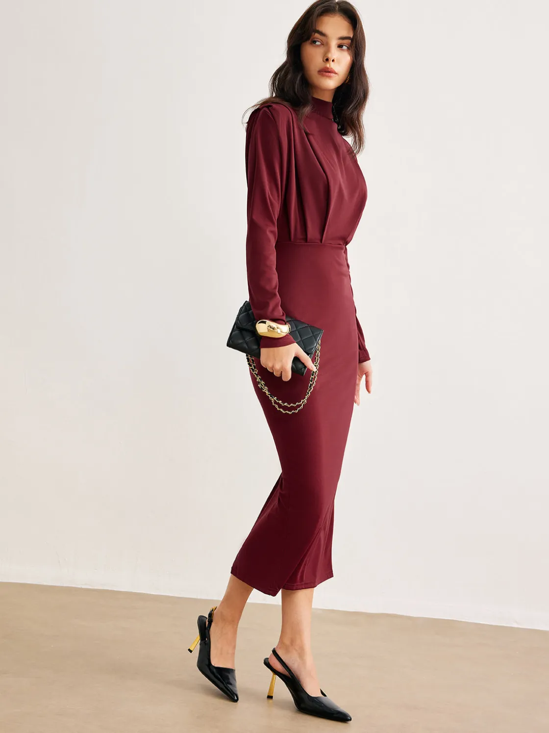 COMMENSE Mock Neck Pleated Jersey Dress* Black Dresses|Casual Dresses