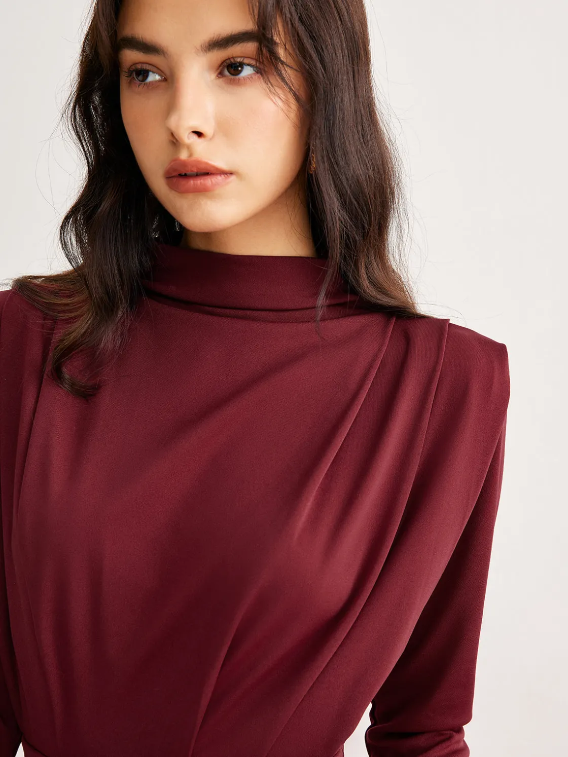 COMMENSE Mock Neck Pleated Jersey Dress* Black Dresses|Casual Dresses