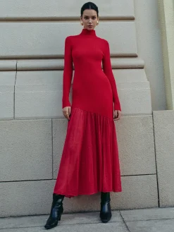 COMMENSE Mock Neck  Pleated Panel Sweater Dress* Black Dresses|Sweater Dresses