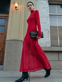 COMMENSE Mock Neck  Pleated Panel Sweater Dress* Black Dresses|Sweater Dresses