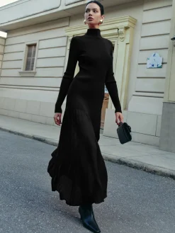COMMENSE Mock Neck  Pleated Panel Sweater Dress* Black Dresses|Sweater Dresses