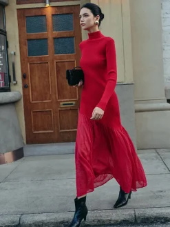 COMMENSE Mock Neck  Pleated Panel Sweater Dress* Sweater Dresses|Work Dresses