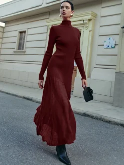 COMMENSE Mock Neck  Pleated Panel Sweater Dress* Sweater Dresses|Work Dresses