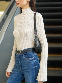 COMMENSE Mock Neck Plisse Skinny T-Shirt* T-shirts|Tops