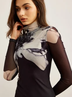 COMMENSE Mock Neck Printed Mesh Dress* Black Dresses|Casual Dresses