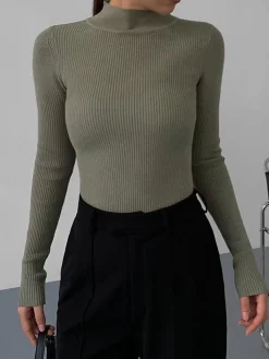 COMMENSE Mock Neck Rib Long Sleeve Knit Top* Sweater Tops|Sweaters & Cardigans