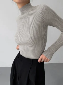 COMMENSE Mock Neck Rib Long Sleeve Knit Top* Sweater Tops|Sweaters & Cardigans