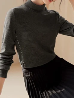 COMMENSE Mock Neck Ribbed Embroidered Trim T-Shirt* T-shirts|Tops