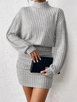 COMMENSE Mock Neck Ribbed Short Dress* Black Dresses|Casual Dresses