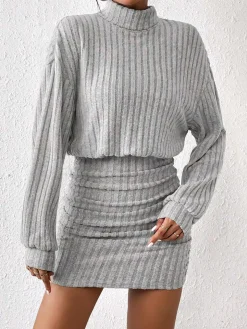 COMMENSE Mock Neck Ribbed Short Dress* Casual Dresses|Work Dresses