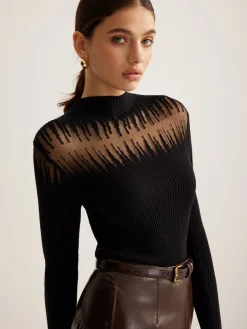 COMMENSE Mock Neck Sheer Panel Knit Top* Sweater Tops|Sweaters & Cardigans