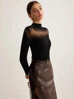 COMMENSE Mock Neck Sheer Panel Knit Top* Sweater Tops|Sweaters & Cardigans