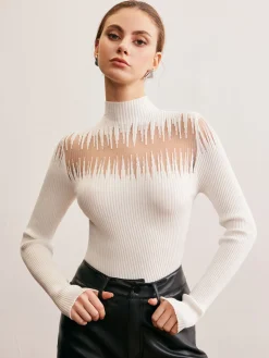COMMENSE Mock Neck Sheer Panel Knit Top* Sweater Tops|Sweaters & Cardigans