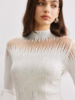 COMMENSE Mock Neck Sheer-Detail Knit Top* Sweater Tops|Sweaters & Cardigans