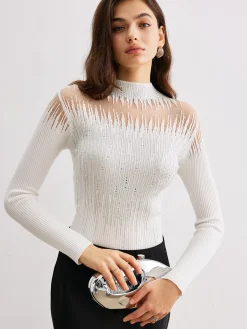 COMMENSE Mock Neck Sheer-Detail Knit Top* Sweater Tops|Sweaters & Cardigans