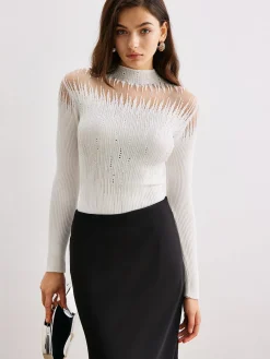 COMMENSE Mock Neck Sheer-Detail Knit Top* Sweater Tops|Sweaters & Cardigans