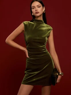 COMMENSE Mock Neck Sleeveless Satin Dress* Black Dresses|Casual Dresses