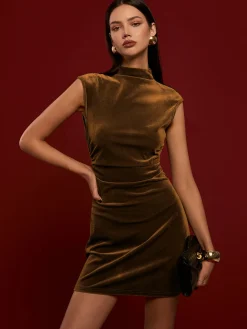 COMMENSE Mock Neck Sleeveless Satin Dress* Black Dresses|Casual Dresses