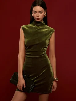 COMMENSE Mock Neck Sleeveless Satin Dress* Black Dresses|Casual Dresses