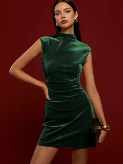 COMMENSE Mock Neck Sleeveless Satin Dress* Black Dresses|Casual Dresses
