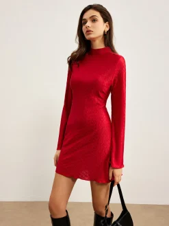 COMMENSE Mock Neck Textu Dress* Casual Dresses|Work Dresses