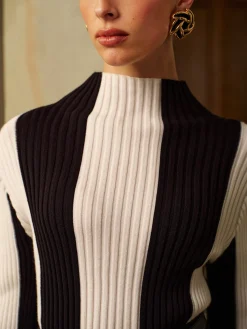 COMMENSE Mock Neck Two-Tone Pinstripe Ribbed Sweater* Knitwear|Tops
