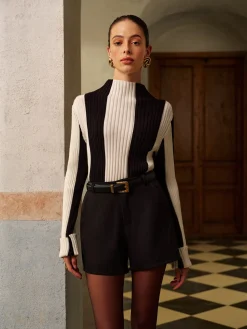 COMMENSE Mock Neck Two-Tone Pinstripe Ribbed Sweater* Knitwear|Tops