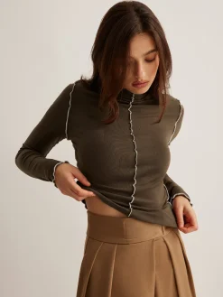 COMMENSE Mock Neck Wave-Piping Jersey Top* T-shirts|Tops