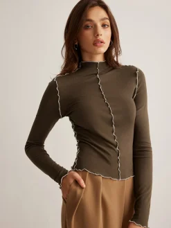 COMMENSE Mock Neck Wave-Piping Jersey Top* T-shirts|Tops