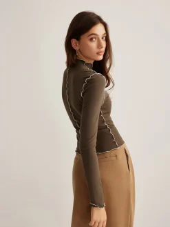 COMMENSE Mock Neck Wave-Piping Jersey Top* T-shirts|Tops