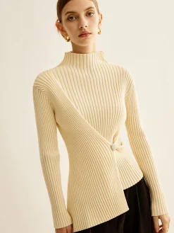 COMMENSE Mock-Neck Ribbed Cinched Sweater* Sweater Tops|Sweaters & Cardigans