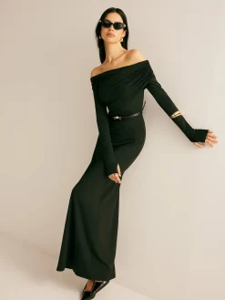 COMMENSE Modal Off-Shoulder Ruched Dress Without Belt* Black Dresses|Casual Dresses