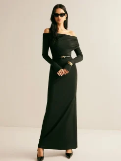 COMMENSE Modal Off-Shoulder Ruched Dress Without Belt* Black Dresses|Casual Dresses
