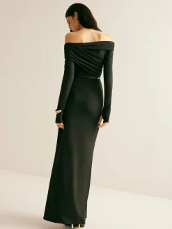 COMMENSE Modal Off-Shoulder Ruched Dress Without Belt* Black Dresses|Casual Dresses