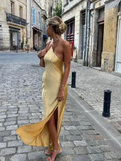 COMMENSE Moonlight Open Back Satin Slit Long Dress* Cocktail & Party Dresses|Summer Dresses