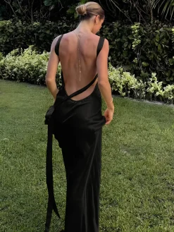 COMMENSE Moonlight Satin Dress Asymmetrical One Shoulder Long Dress* Black Dresses|Casual Dresses