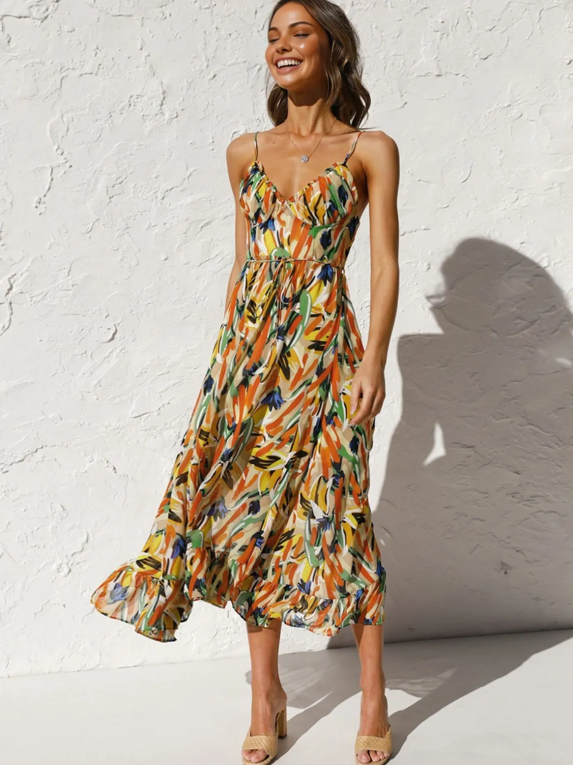 COMMENSE Multi Color Print Cami Midi Dress* Casual Dresses|Vacation Dresses