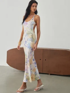 COMMENSE Multi Floral Print Backless Long Dress* Floral Dresses|Vacation Dresses