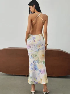 COMMENSE Multi Floral Print Backless Long Dress* Floral Dresses|Vacation Dresses