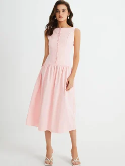 COMMENSE Multi-Button Sleeveless Pleated Midi Dress* Casual Dresses|Work Dresses