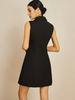 COMMENSE Muti-Button Collared Short Dress* Black Dresses|Casual Dresses