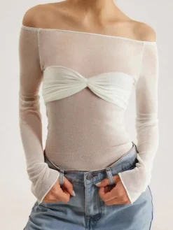 COMMENSE Nostalgia Off-Shoulder Mesh Long Sleeve Shirt* Sweater Tops|Sweaters & Cardigans