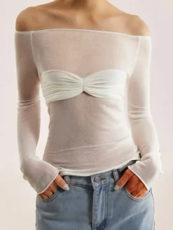 COMMENSE Nostalgia Off-Shoulder Mesh Long Sleeve Shirt* Sweater Tops|Sweaters & Cardigans