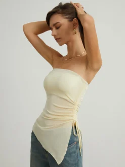 COMMENSE Oblique Drawstring Mesh Cover Up Tube Top* Tank Tops & Camis|Tops