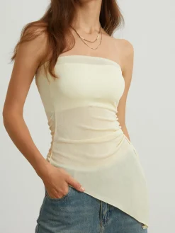 COMMENSE Oblique Drawstring Mesh Cover Up Tube Top* Tank Tops & Camis|Tops