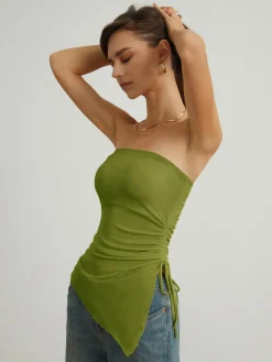 COMMENSE Oblique Drawstring Mesh Cover Up Tube Top* Tank Tops & Camis|Tops