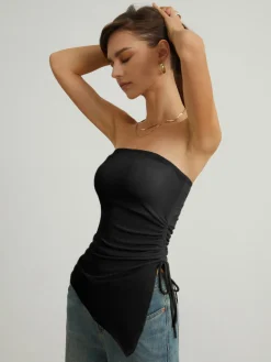 COMMENSE Oblique Drawstring Mesh Cover Up Tube Top* Tank Tops & Camis|Tops