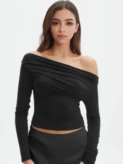 COMMENSE Oblique Off-Shoulder Long Sleeve Blouse* Sweater Tops|Blouses & Shirts
