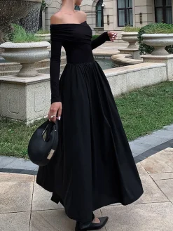 COMMENSE Off Shoulder Criss Cross Long Dress* Black Dresses|Casual Dresses