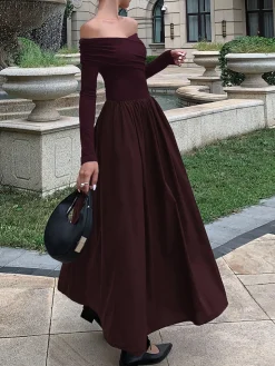 COMMENSE Off Shoulder Criss Cross Long Dress* Black Dresses|Casual Dresses